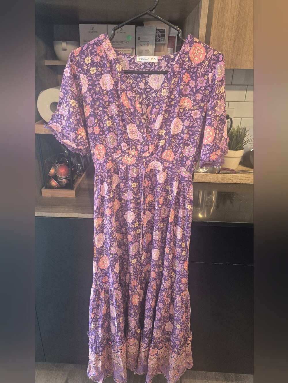 Purple Floral Maxi Dress with Tie Waist